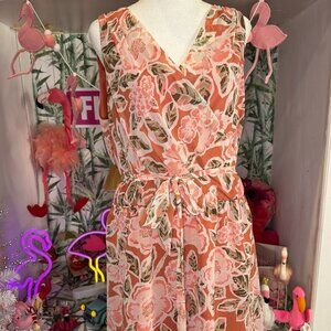 Loft Flora V-Neck Sleeveless Dress Womens L Peach Pink Flowy Tie Waist Career